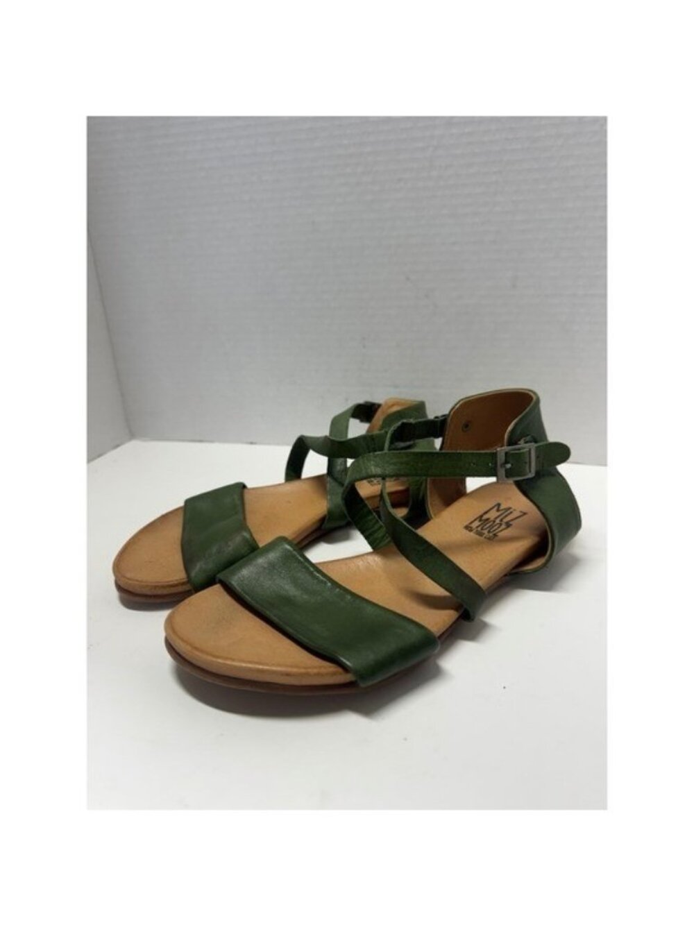 Miz Mooz Aster Green Leather Ankle Strap Flat Sandals Womens 7 Portugal